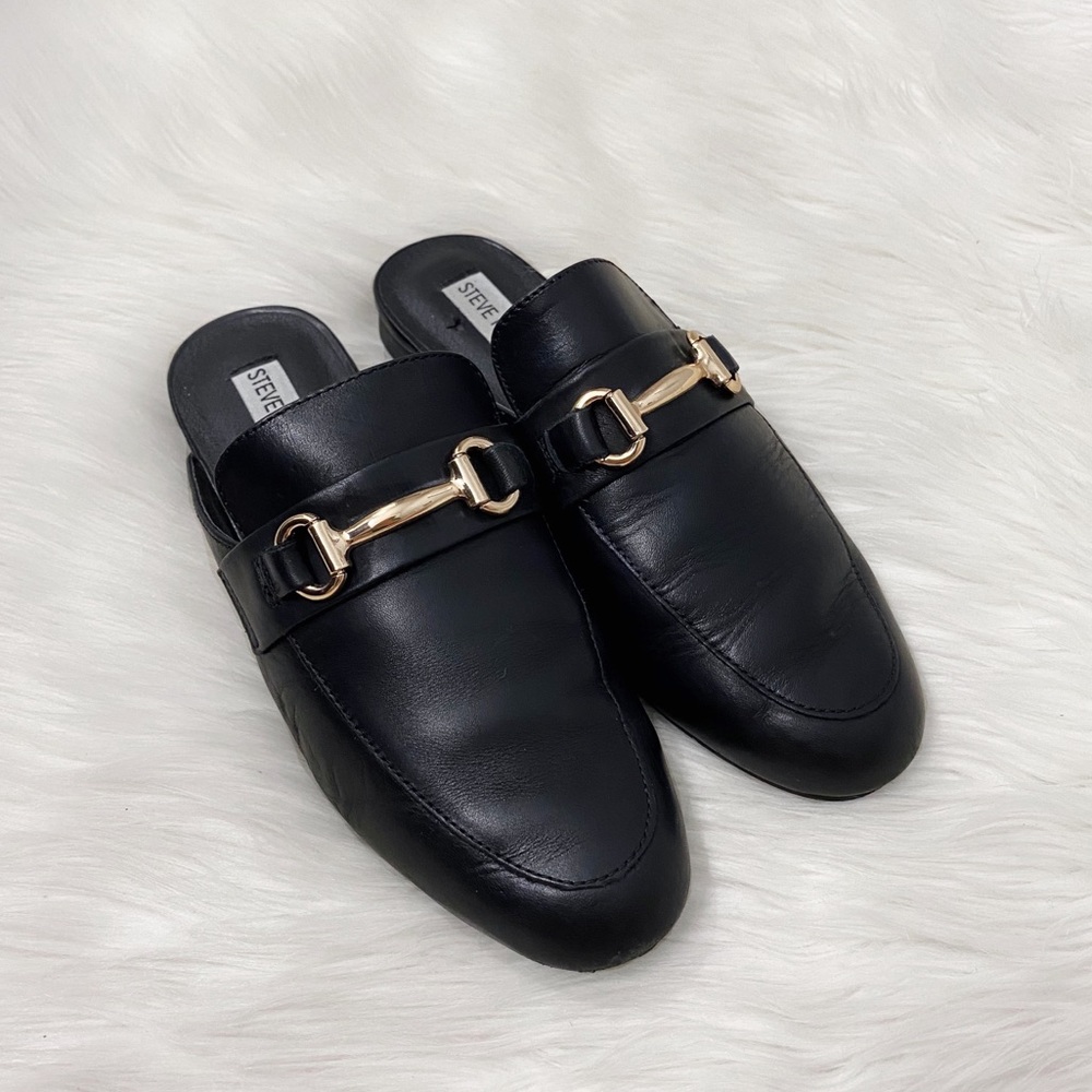 Steve Madden Black Leather Horsebit Loafers Mules